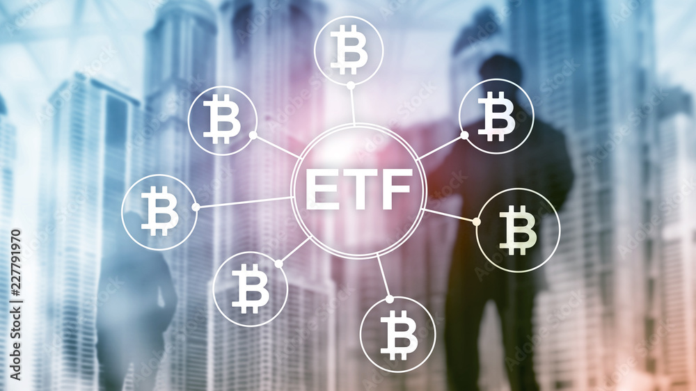 Bitcoin ETF cryptocurrency trading and investment concept on double exposure background. Bitcoin ETF cryptocurrency trading and investment concept on double exposure background.