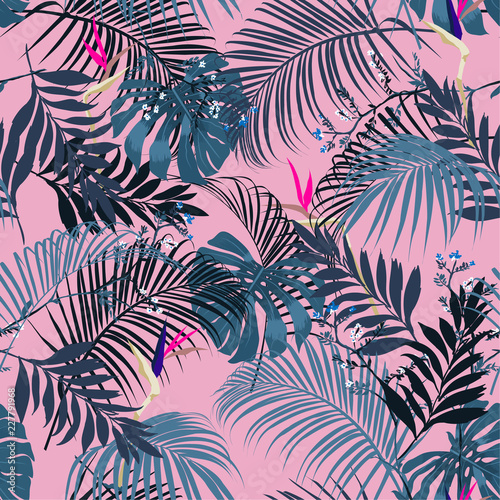 Trendy and beautiful fresh summer tropical forest leeves and flowers seamless vector pattern on sweet pink colorful for fashion photo