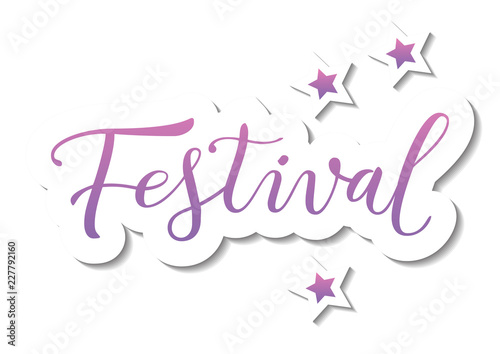 Modern calligraphy lettering of Festival in purple pink with white outline and shadow in paper cut style on white background for banner, poster, advertising, event, invitation, holiday, Holi festival