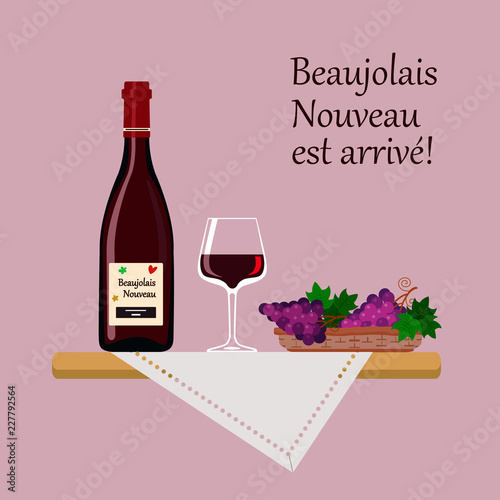 Fotografie Beaujolais Nouveau wine with glass and grapes isolated on pink background