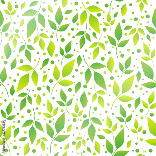 Seamless pattern with green leaves and dots on white background for decoration, packaging, paper, textile, fabric, wrapping paper, scrapbooking, decoupage, textile, cover