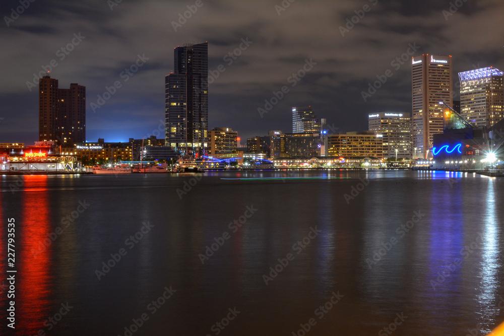 View of Inner Harbor in Baltimore, Maryland at night.