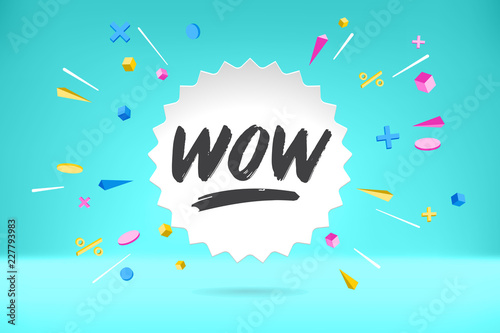 White paper bubble cloud with text Wow for emotion, motivation, positive design. Poster with cloud talk, text message, explosion graphic elements concept memphis geometric style. Vector Illustration.
