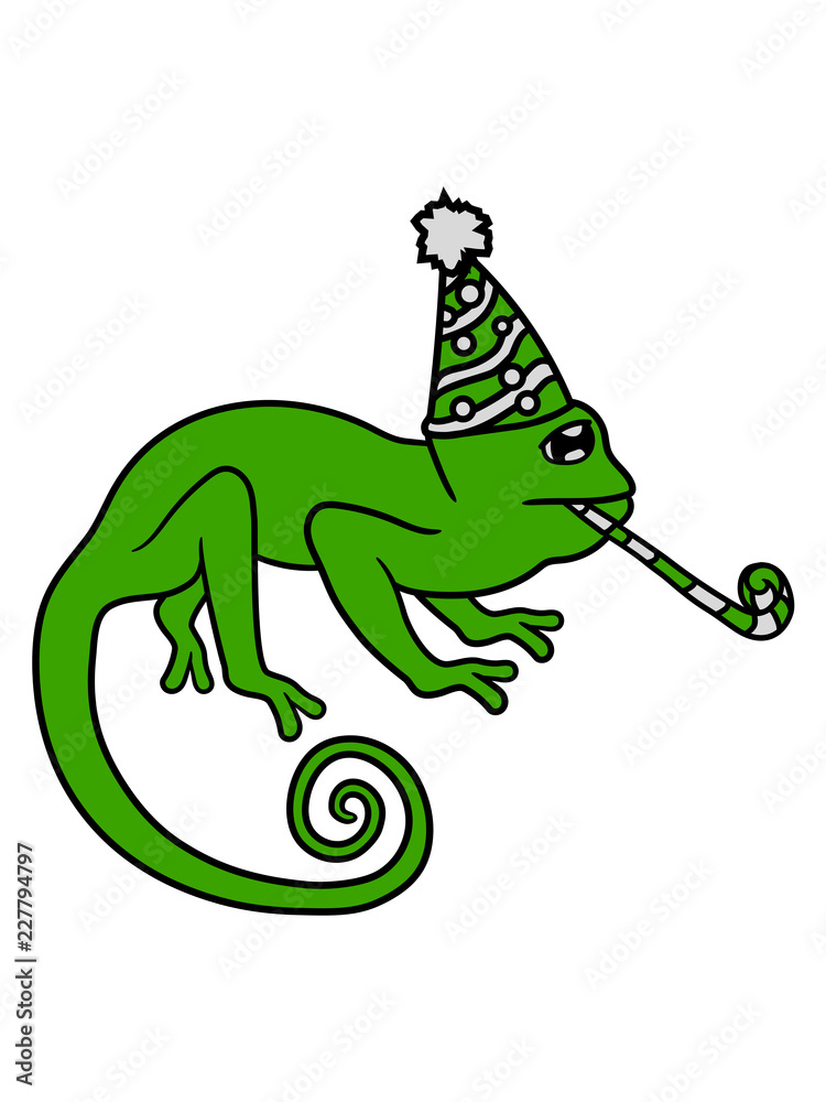 Fototapeta premium traurig geburtstag alleine feiern geschenke party hut chamäleon leguan eidechse reptil haustier dinosaurier waran süß niedlich klein comic cartoon clipart
