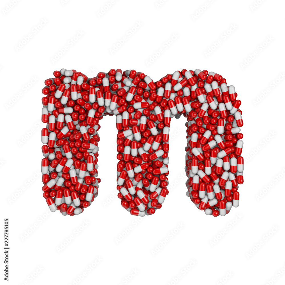 pills letter M - Lowercase 3d pharmaceutical font - therapy, laboratory or healthcare concept