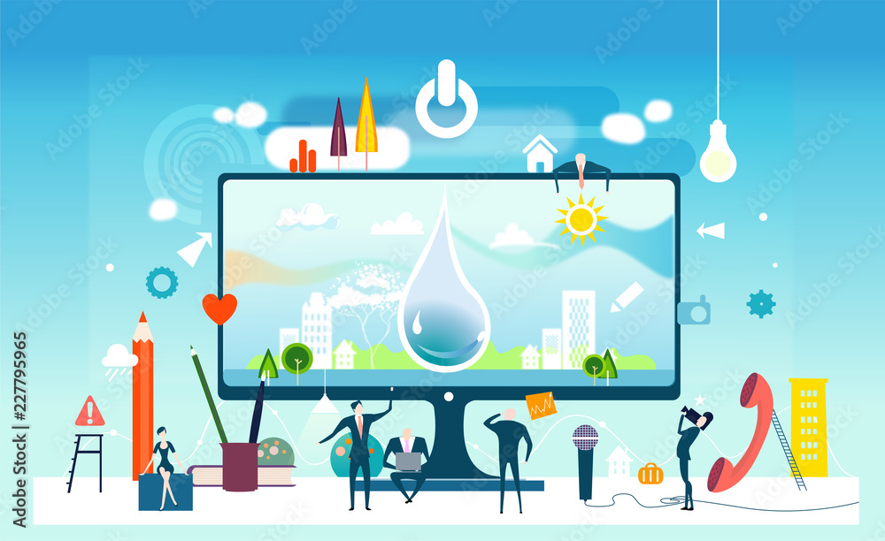 Obraz premium Business people working together towards the clean future. Water and national recourses Business concept illustration. 