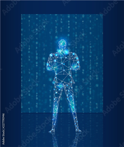 The man of the future. Future reality, artificial intelligence concept illustration. Neon man made of lights and abstract neon connections.