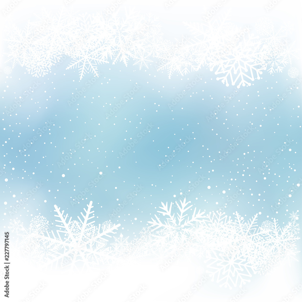 Winter blue sky background with snow frame. Frosty close-up wintry snowflakes. Ice shape pattern template. Christmas holiday decoration backdrop