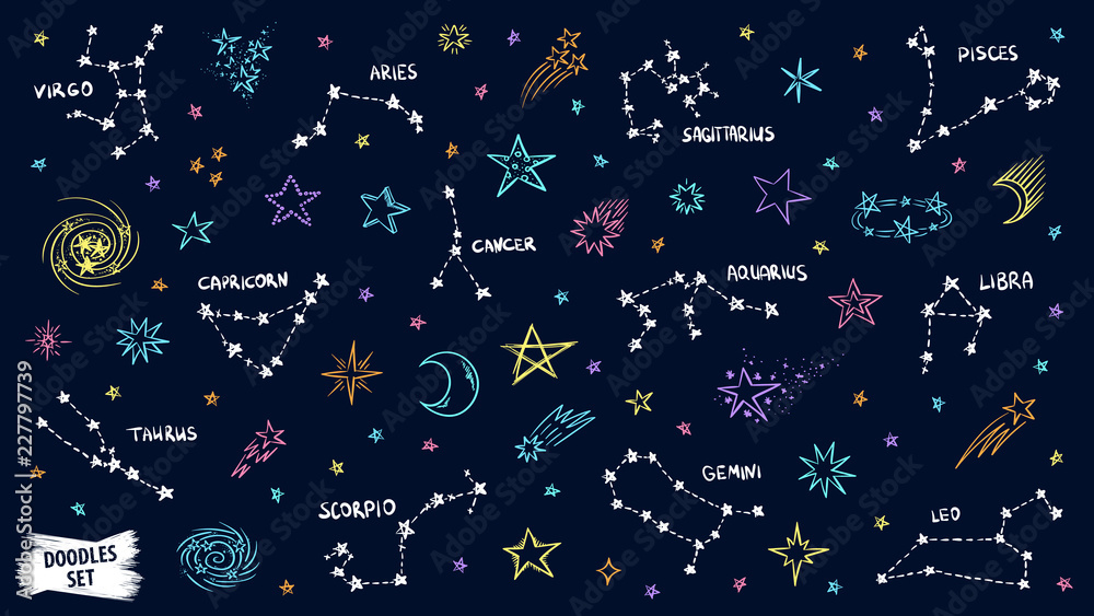 Constellation doodles. Zodiac signs. Stars sketch. Zodiac symbols. Cosmic.  Space. Virgo. Aquarius. Libra. Capricorn. Aries. Gemini. Pisces. Cancer.  Scorpio. Leo. Taurus. Sagittarius. Stock Vector | Adobe Stock