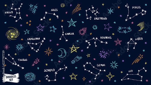 Constellation doodles. Zodiac signs. Stars sketch. Zodiac symbols. Cosmic. Space. Virgo. Aquarius. Libra. Capricorn. Aries. Gemini. Pisces. Cancer. Scorpio. Leo. Taurus. Sagittarius.