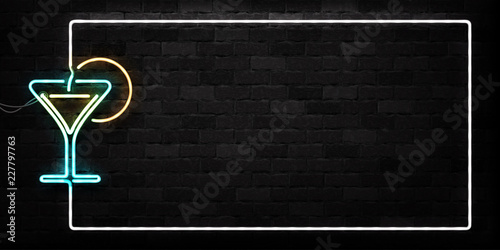 Vector realistic isolated neon sign of Cocktail frame logo for decoration and covering on the wall background. Concept of night club, happy hour and bar menu.