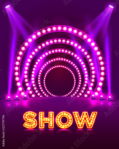 Show light podium purple background. Vector illustration