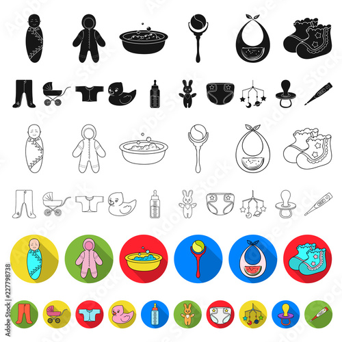 Birth of a baby flat icons in set collection for design. Newborn and accessories vector symbol stock web illustration. photo