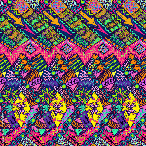 Tribal pattern. Aztec fabric. Mystical ornament. Surreal symbols print. Clothes or interior design. Boho fashion. Traditional homespun textile. Vector seamless pattern.