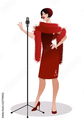 Beautiful woman wearing retro style red dress singing in front of a vintage microphone, isolated on white background