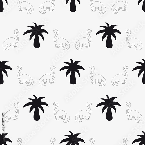 Seamless patterns consist of palm trees and repeating dinosaurs. © NataliaL