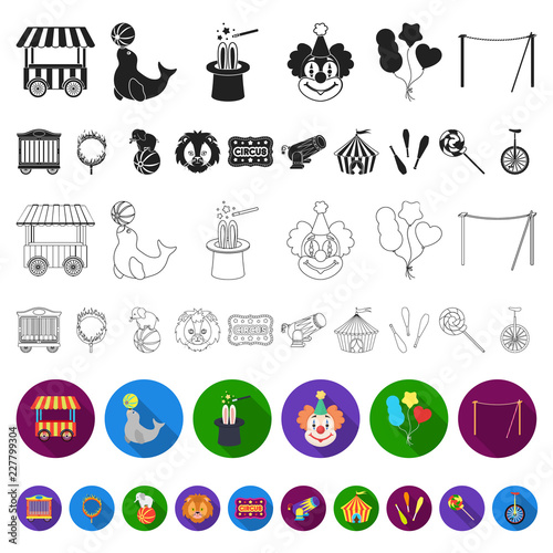 Circus and attributes flat icons in set collection for design. Circus Art vector symbol stock web illustration.