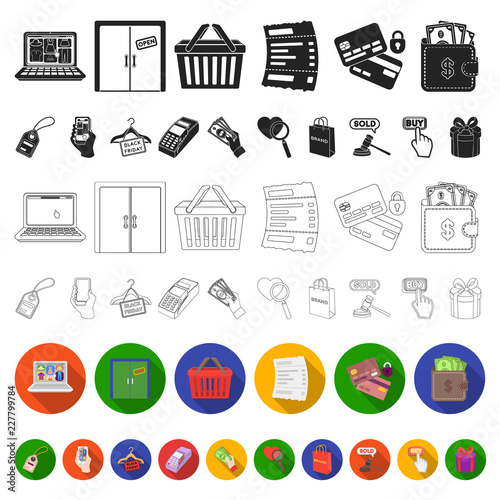 E-commerce, Purchase and sale flat icons in set collection for design. Trade and finance vector symbol stock web illustration.