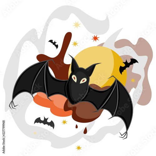 black bat vampire bat flies against the full moon  stars and clouds