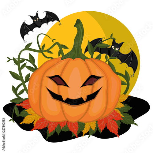 Halloween pumpkin ominously laughs with moon, bats, autumn leaves and ivy