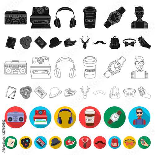 Style Hipster flat icons in set collection for design. Hipster Attributes and accessories vector symbol stock web illustration.