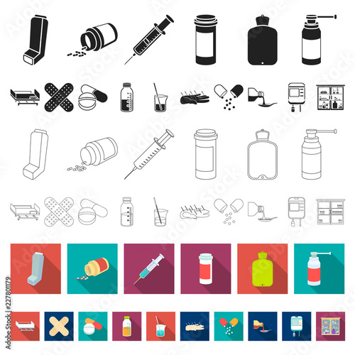Medicine and treatment flat icons in set collection for design. Medicine and equipment vector symbol stock web illustration.