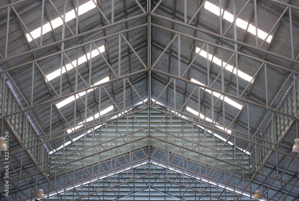 perspective view of steel warehouse roof background.
