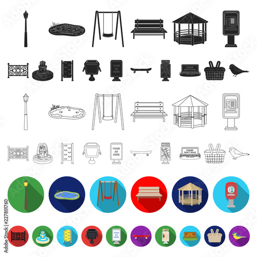 Park, equipment flat icons in set collection for design. Walking and rest vector symbol stock web illustration.