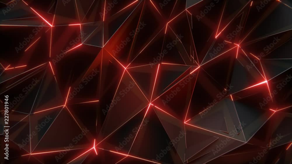 Low-poly dark waving surface with glowing light. 3D abstract background. Seamlessly looping video