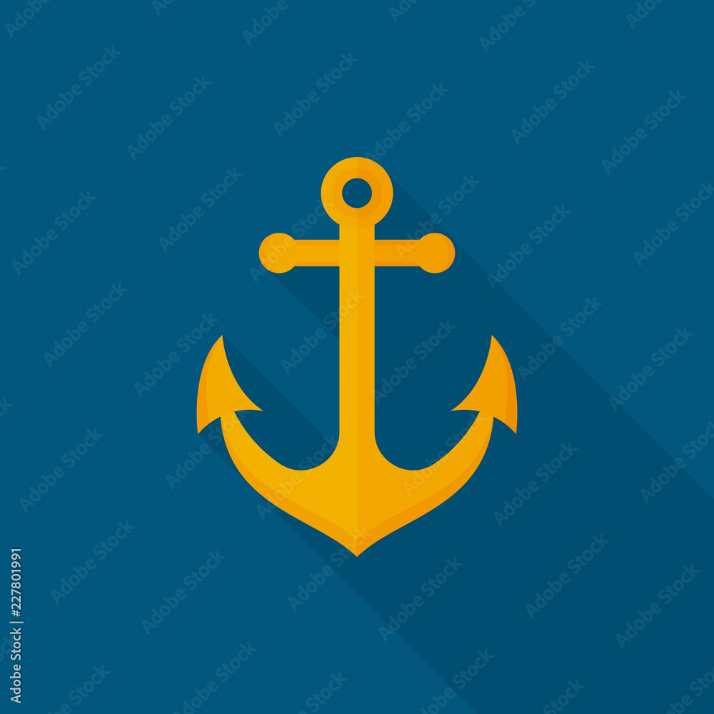 Anchor icon with long shadow on blue background, flat design style Anchor icon with long shadow on blue background, flat design style