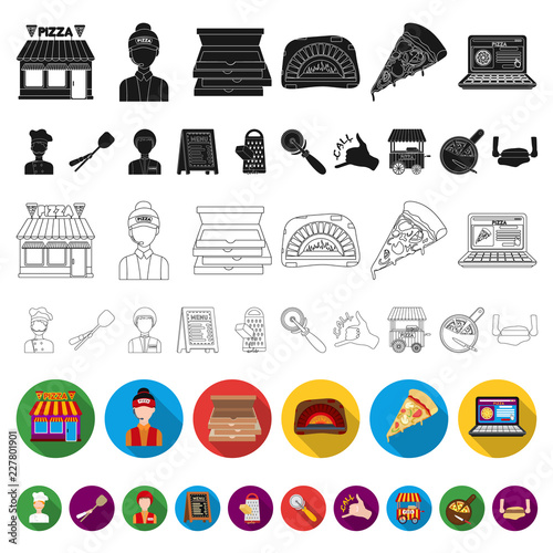 Pizza and pizzeria flat icons in set collection for design. Staff and equipment vector symbol stock web illustration.