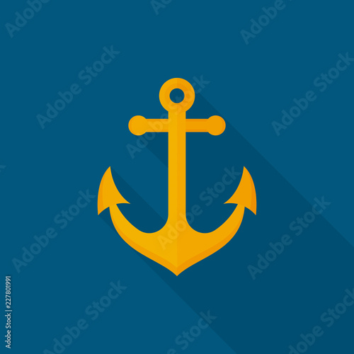 Anchor icon with long shadow on blue background, flat design style