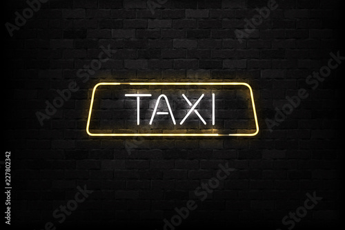 Vector realistic isolated neon sign of Taxi logo for decoration and covering on the wall background.