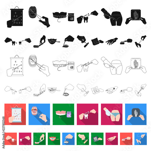 Manipulation by hands flat icons in set collection for design. Hand movement in medicine vector symbol stock web illustration.