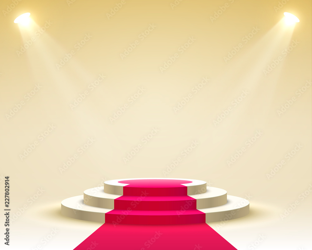 Obraz premium Stage podium with lighting, Stage Podium Scene with for Award Ceremony on yellow Background, Vector illustration