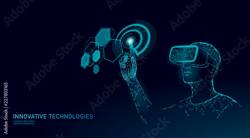 Virtual augmented reality helmet low poly. Innovation media entertainment polygonal concept. HUD user display digital control science panel. Man work computer data analysis vector illustration