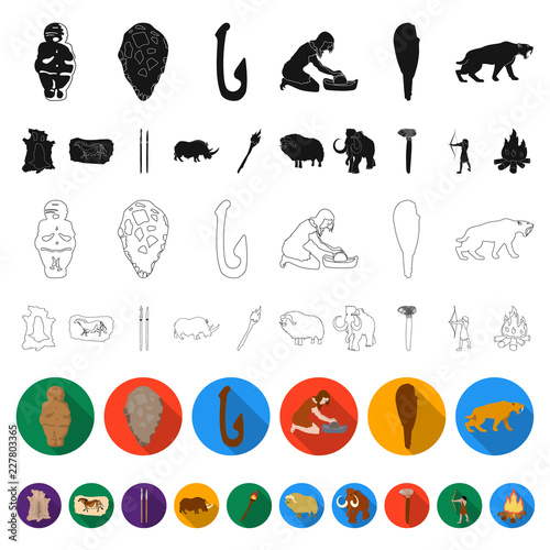 Life in the Stone Age flat icons in set collection for design. Ancient people vector symbol stock web illustration.