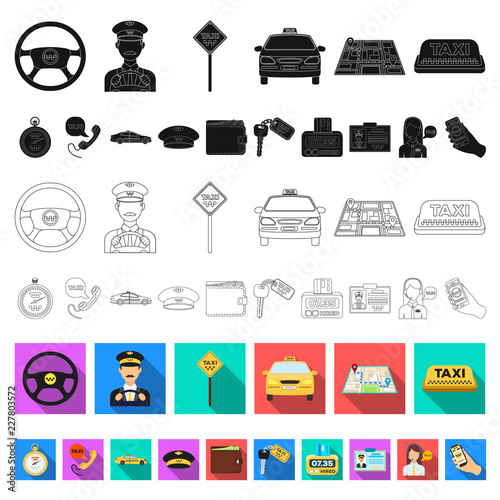 Taxi service flat icons in set collection for design. Taxi driver and transport vector symbol stock web illustration.
