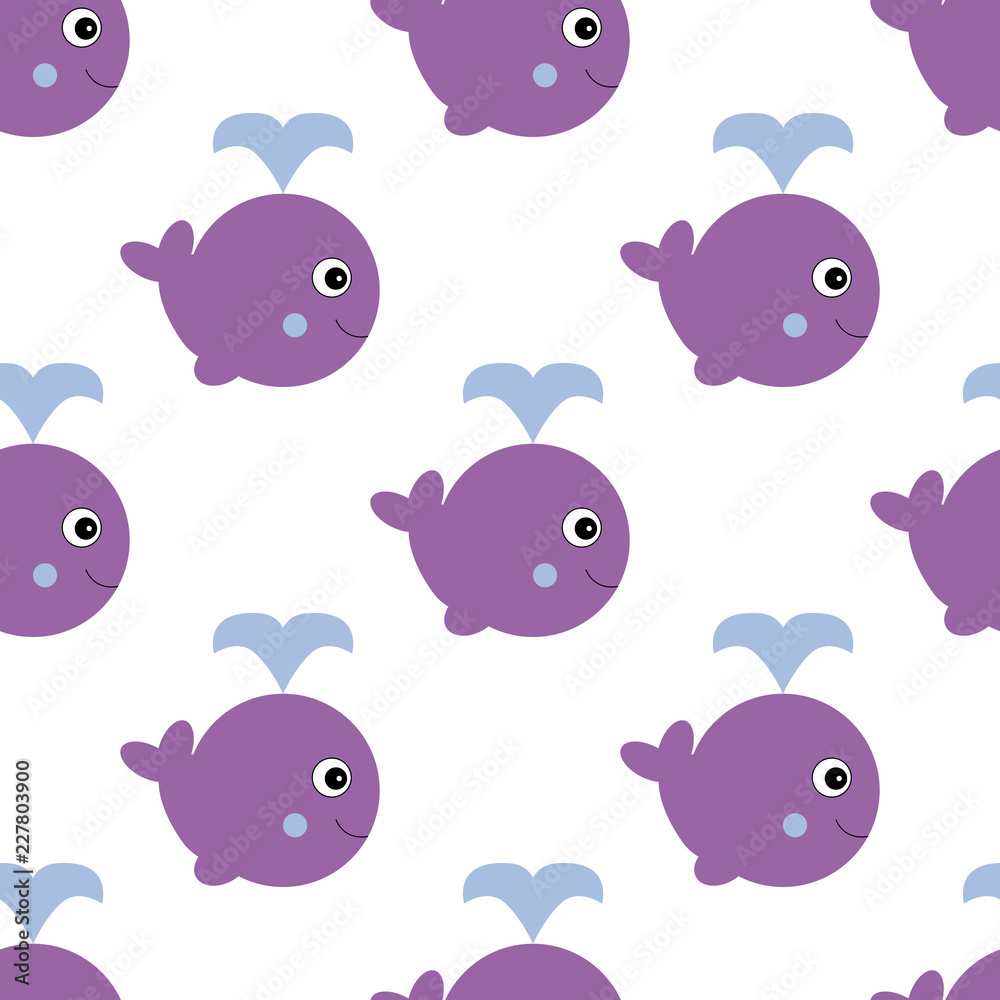 Whale with water fountain blow. Vector illustration. Cartoon style. Seamless pattern.