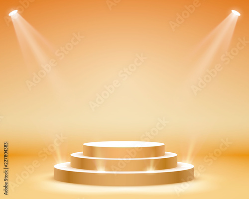 Stage podium with lighting, Stage Podium Scene with for Award Ceremony on orange Background, Vector illustration