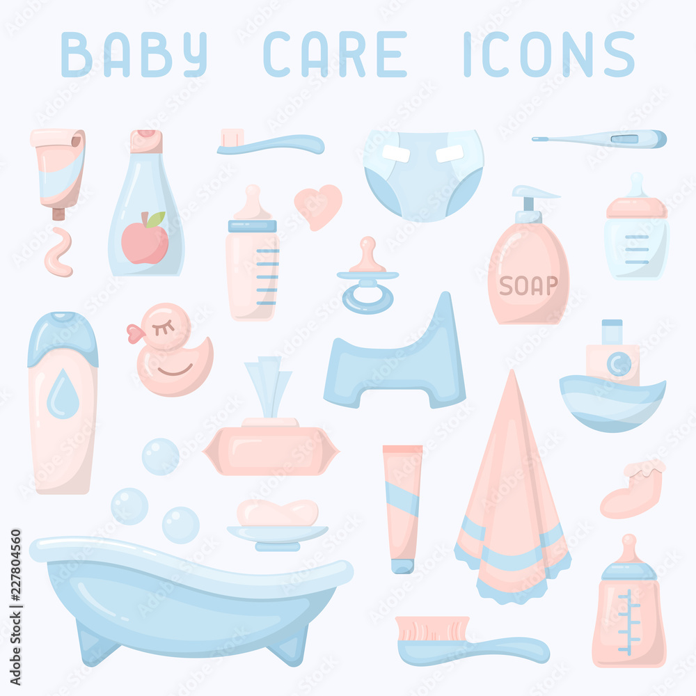 Baby care icons collection. Flat style vector illustration. Baby hygiene accessories. - obrazy, fototapety, plakaty 