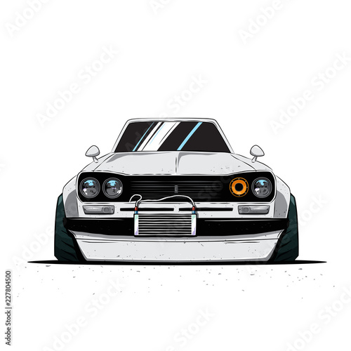 Cartoon japan tuned old car isolated. Front view. Vector illustration