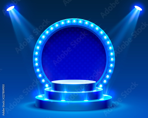Stage podium with lighting, Stage Podium Scene with for Award Ceremony on blue Background, Vector illustration