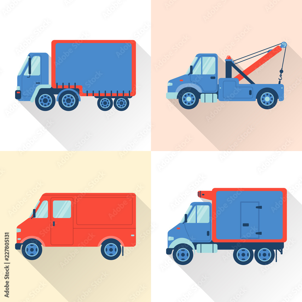 Set of truck icons in flat style with long shadow
