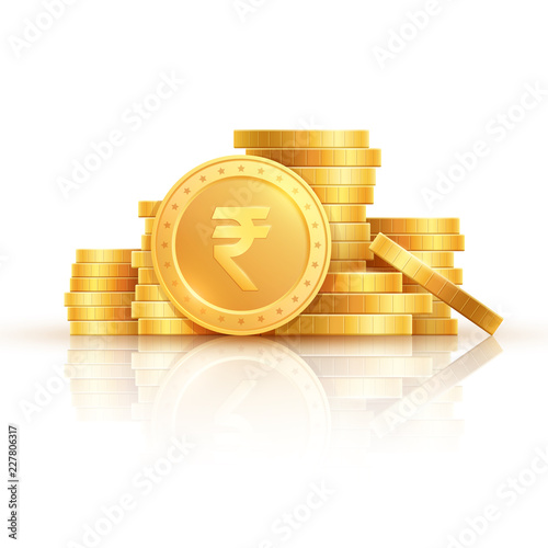 Gold rupee coins. Indian money, stacked golden coins. Rupee cash, currency isolated on white background vector icons. Money gold currency, cash wealth golden rupee illustration