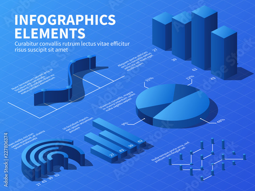 Isometric infographic. 3d statistics graphs and growth charts, percentage diagrams. Business presentation vector infographics. Information presentation template, data layout graphic illustration