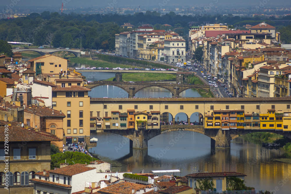 Aerial view of Firenze (Florence), Italy, with the bridges over the river Arno. Ponte Vecchio.