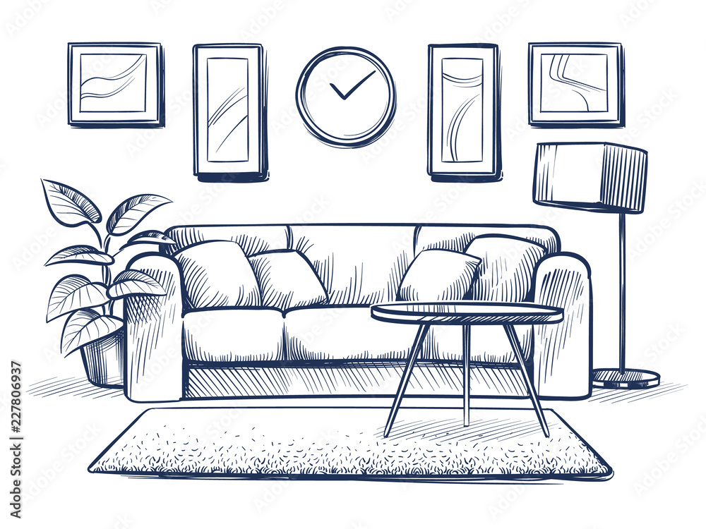 Sketch interior. Doodle living room with sofa, cushions and picture frames  on wall. Freehand drawing home vector interior. Furniture sofa in room,  apartment drawing illustration vector de Stock | Adobe Stock