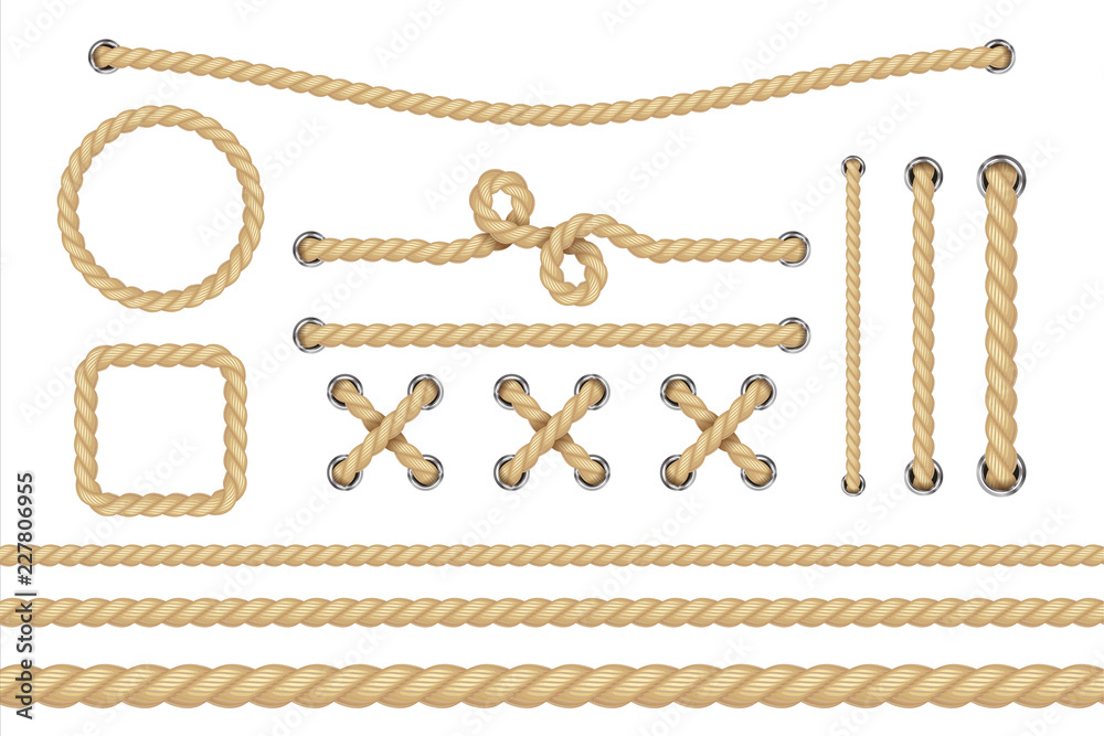 Nautical rope. Round and square rope frames, cord borders. Sailing vector decoration elements. Rope marine, nautical border, cord round, string knot twisted illustration - obrazy, fototapety, plakaty 