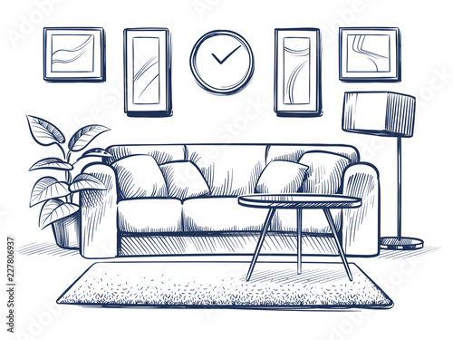 Sketch interior. Doodle living room with sofa, cushions and picture frames on wall. Freehand drawing home vector interior. Furniture sofa in room, apartment drawing illustration